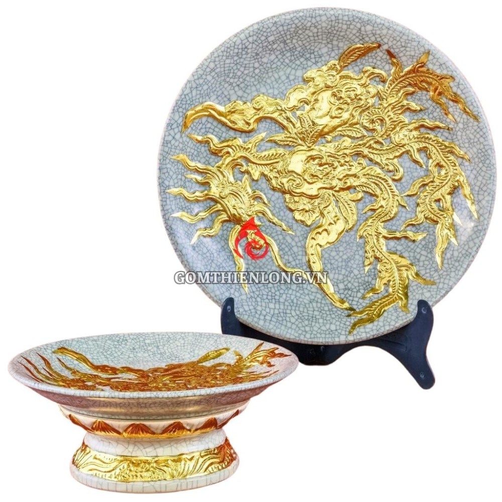 Mâm Bồng Sứ Bát Tràng Men Rạn Đắp Nổi Dát Vàng Phượng Đào 231123