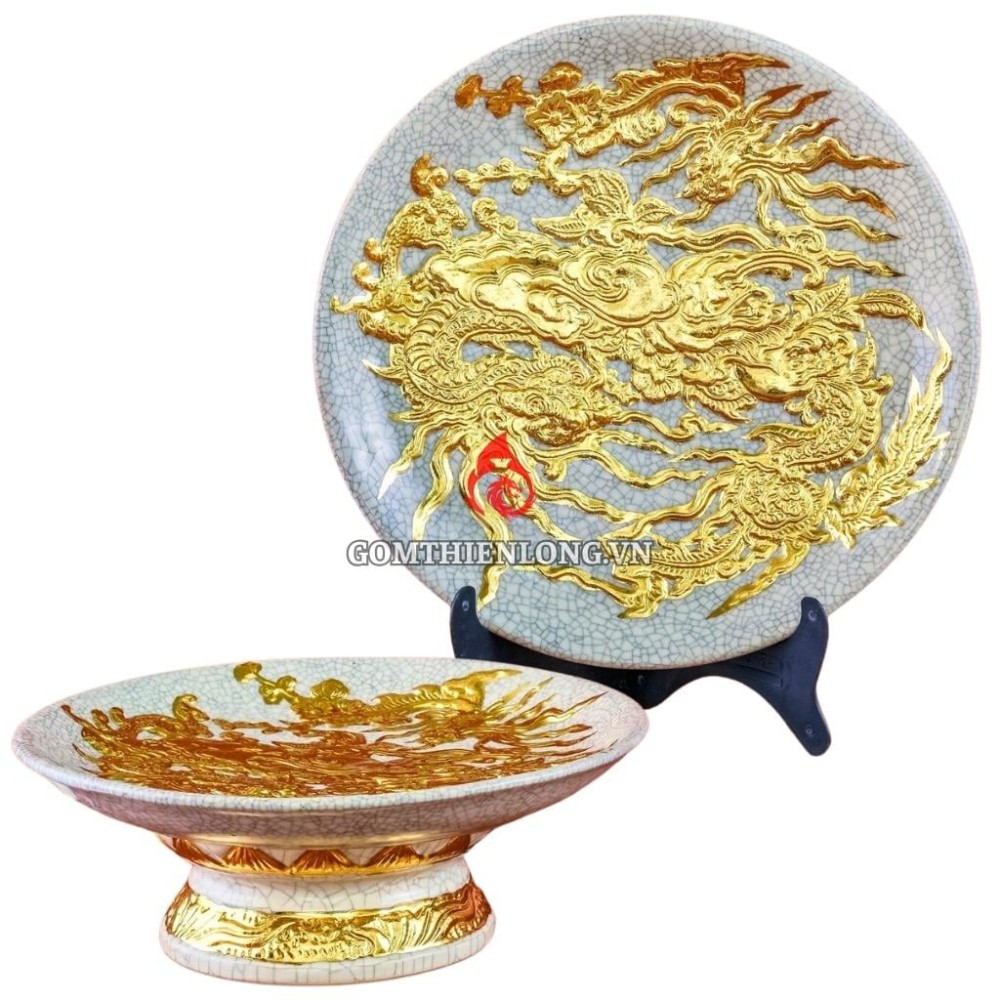 Mâm Bồng Sứ Bát Tràng Men Rạn Đắp Nổi Dát Vàng Rồng Phượng 231124
