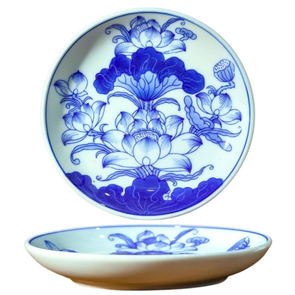 Mâm Bồng Sứ Bát Tràng Men Lam Vẽ Hoa Sen 231108