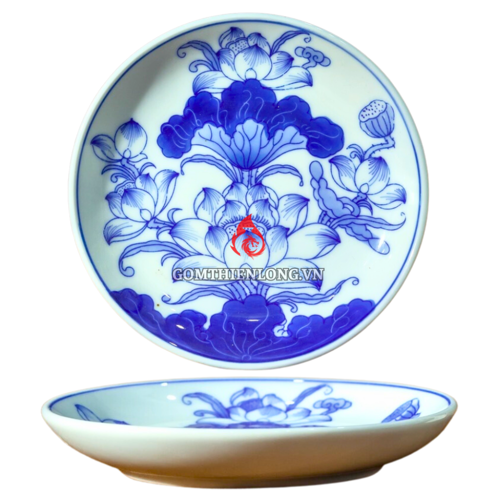 Mâm Bồng Sứ Bát Tràng Men Lam Vẽ Hoa Sen 231108