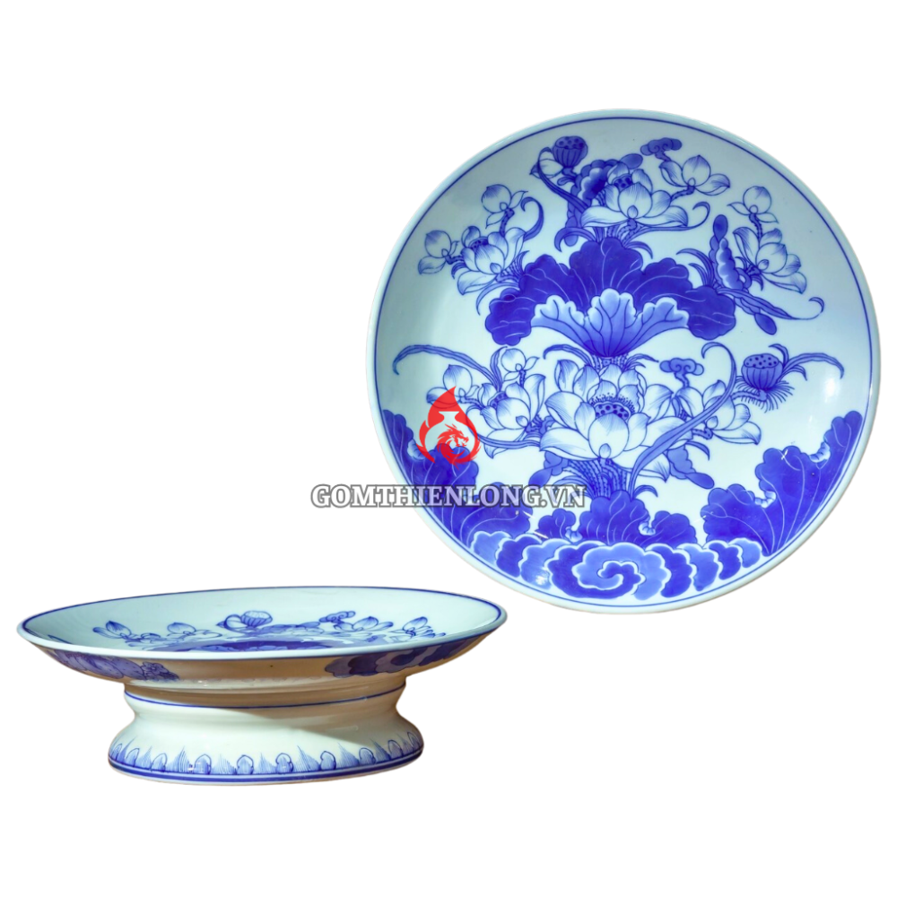 Mâm Bồng Sứ Bát Tràng Men Lam Vẽ Hoa Sen 231107