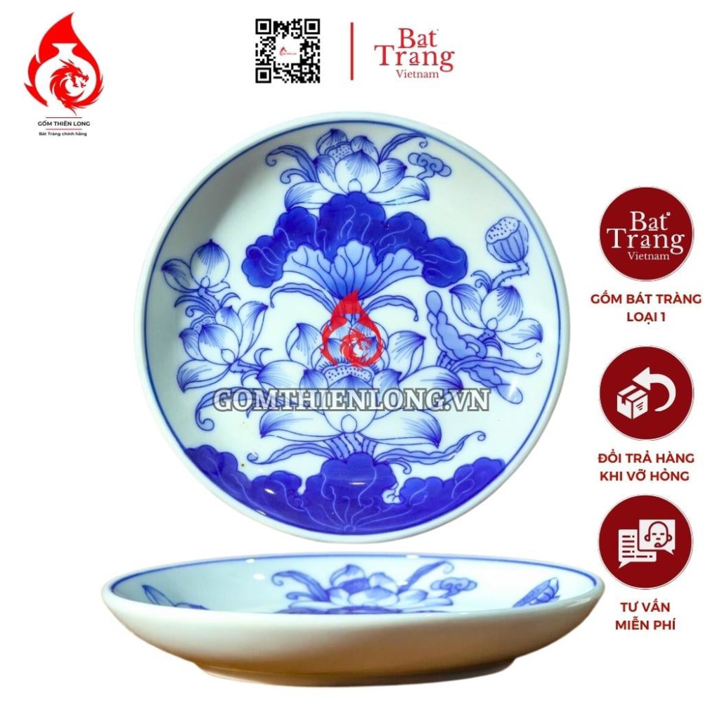 Mâm Bồng Sứ Bát Tràng Men Lam Vẽ Hoa Sen 231108