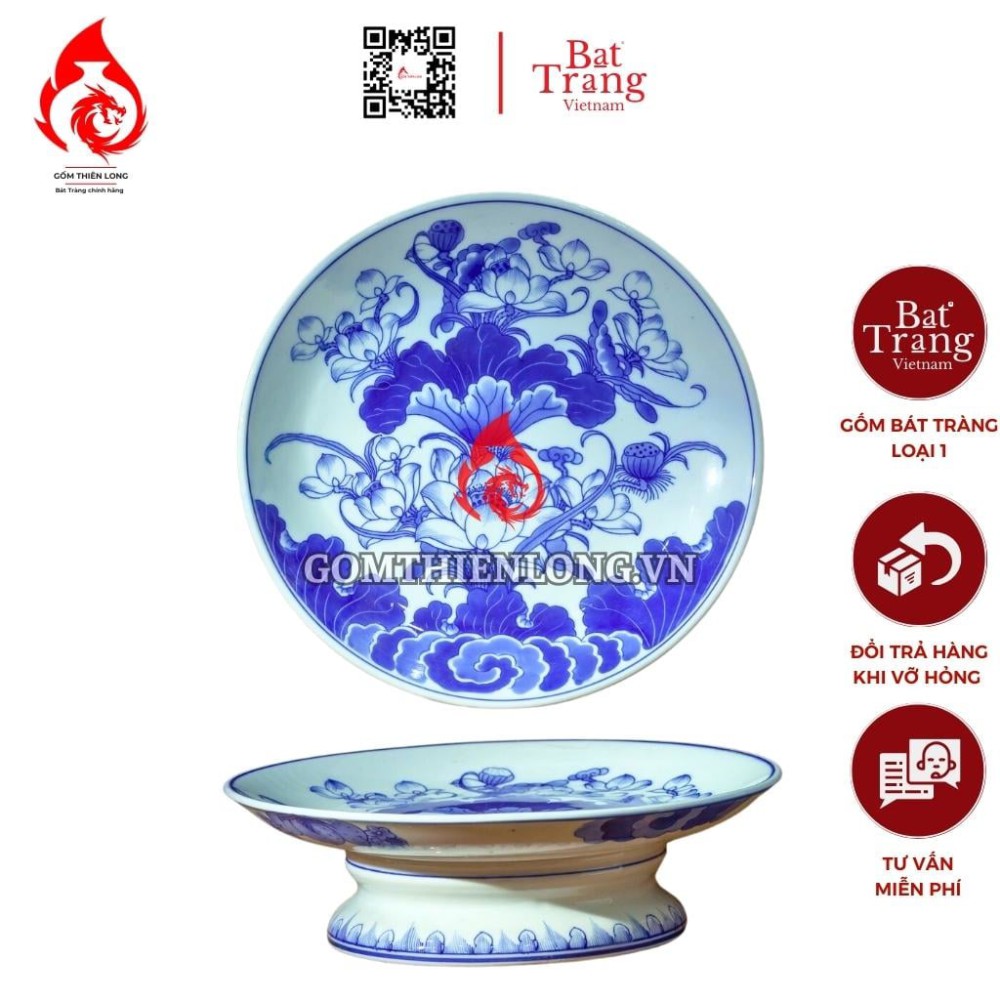 Mâm Bồng Sứ Bát Tràng Men Lam Vẽ Hoa Sen 231107