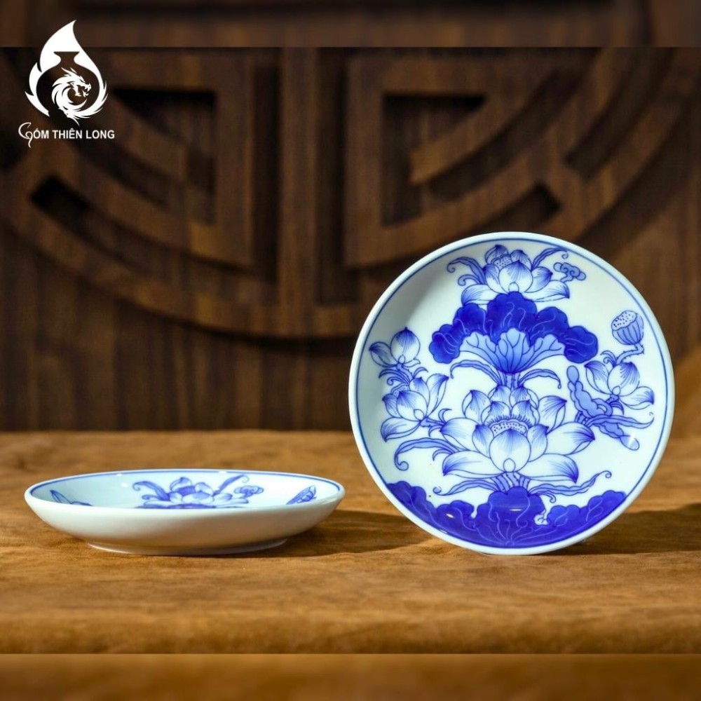 Mâm Bồng Sứ Bát Tràng Men Lam Vẽ Hoa Sen 231108