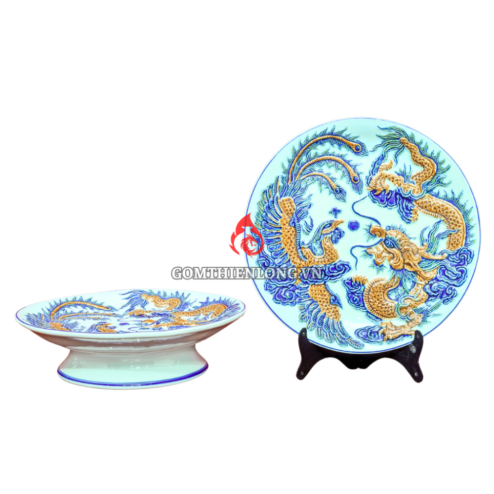 Mâm Bồng Sứ Bát Tràng Men Ngọc Đắp Rồng Phượng 230875
