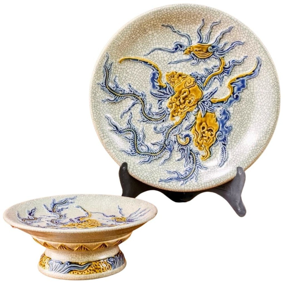 Mâm Bồng Sứ Bát Tràng Men Rạn Đắp Nổi Phượng Đào 231115