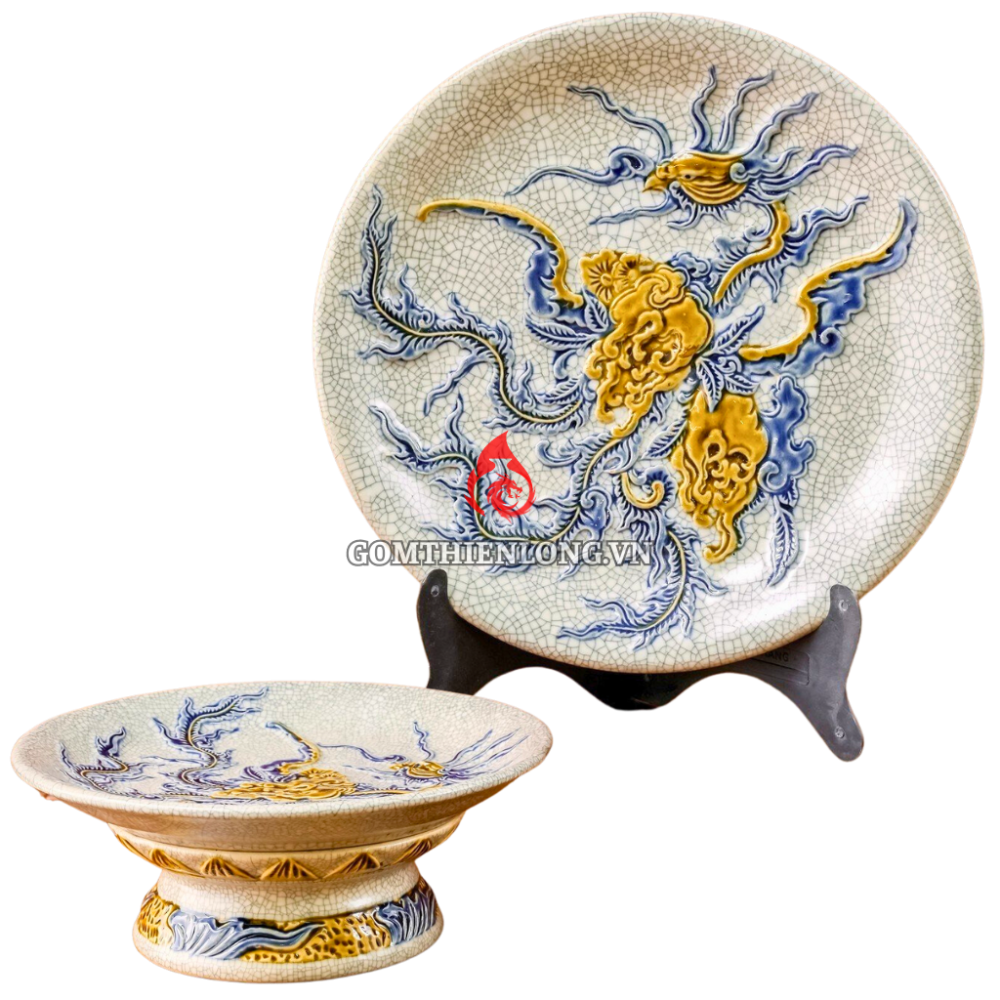 Mâm Bồng Sứ Bát Tràng Men Rạn Đắp Nổi Phượng Đào 231115