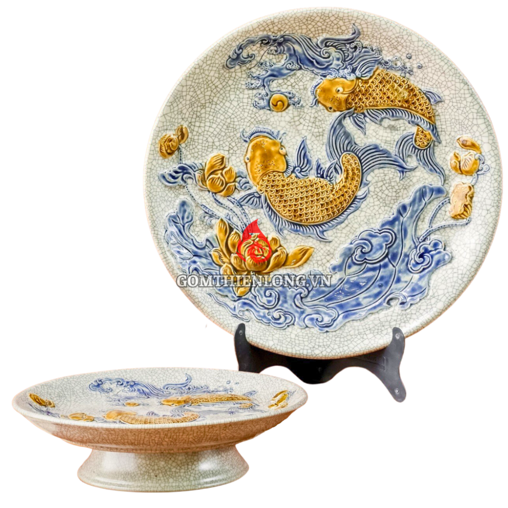 Mâm Bồng Sứ Bát Tràng Men Rạn Đắp Nổi Sen Cá 231116