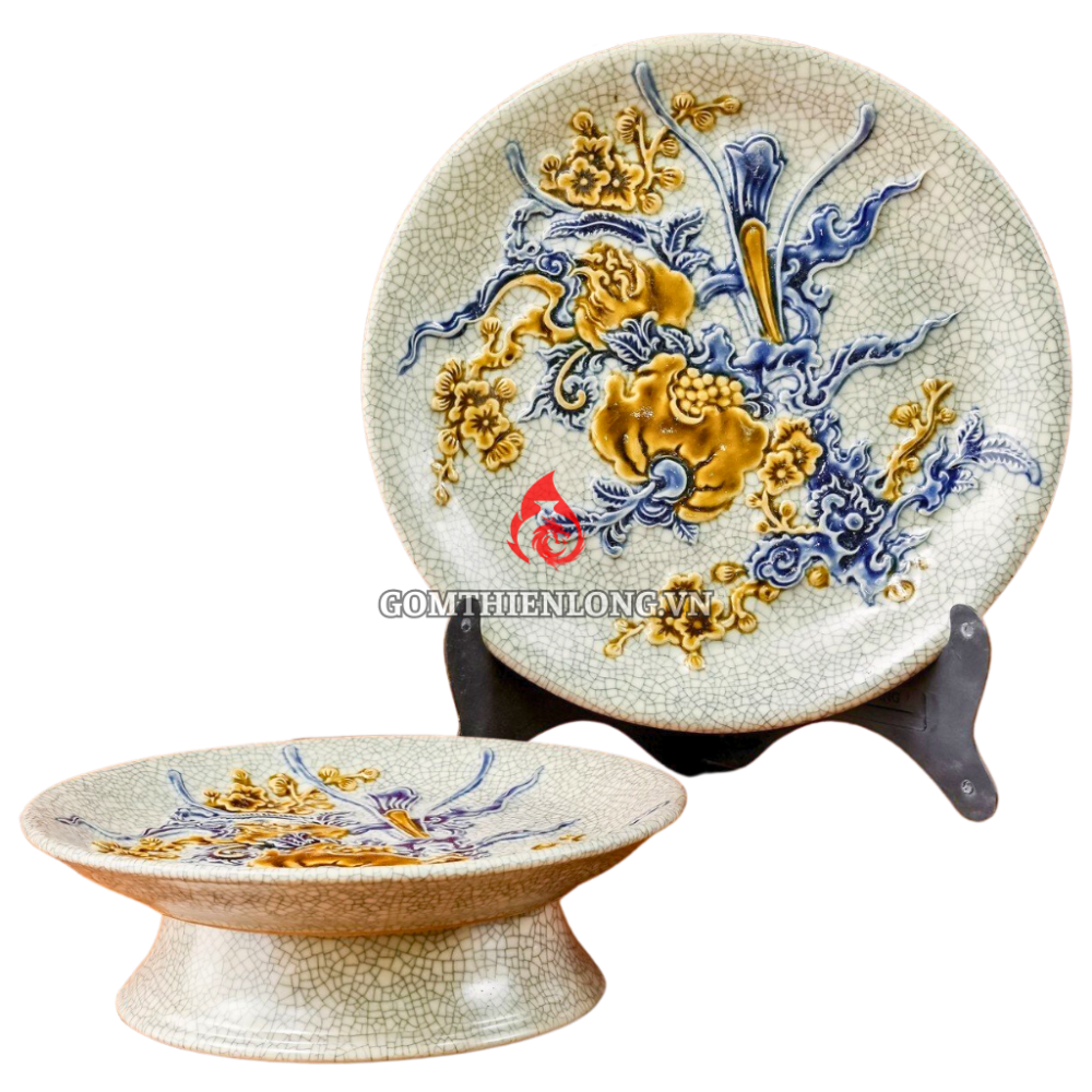 Mâm Bồng Sứ Bát Tràng Men Rạn Đắp Nổi Thọ Đào 231114