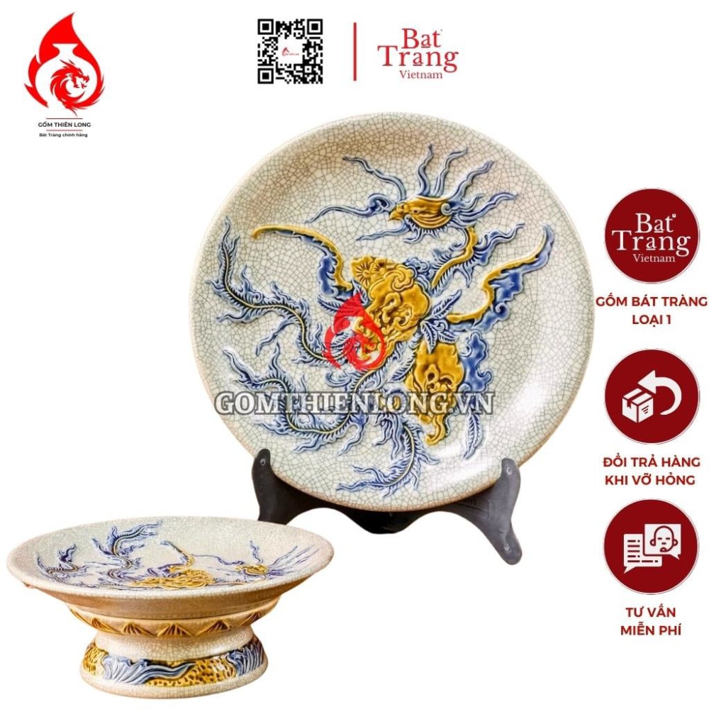 Mâm Bồng Sứ Bát Tràng Men Rạn Đắp Nổi Phượng Đào 231115
