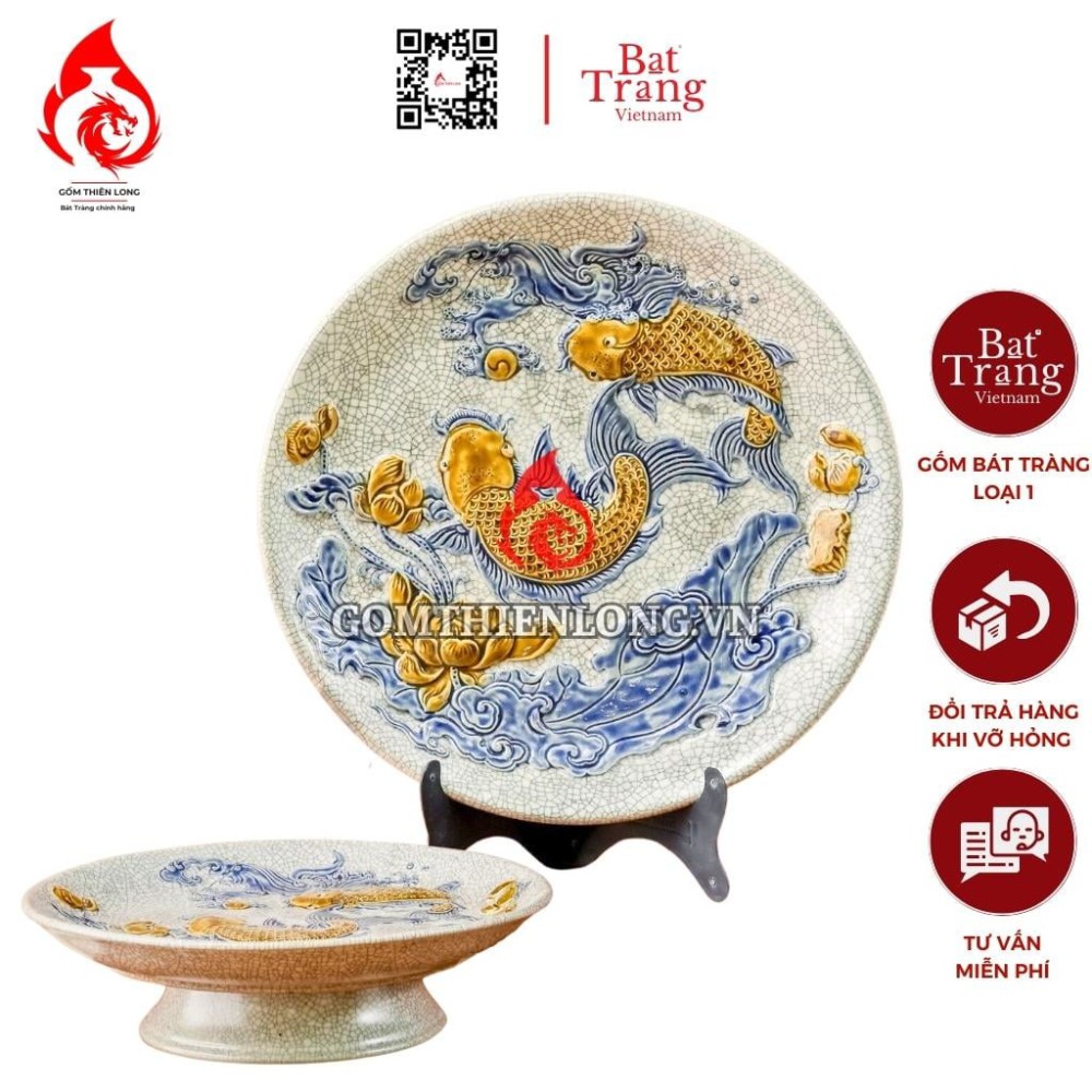 Mâm Bồng Sứ Bát Tràng Men Rạn Đắp Nổi Sen Cá 231116