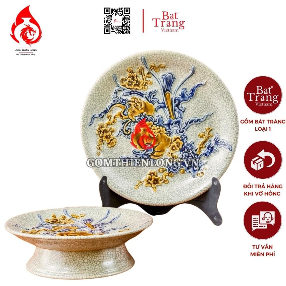 Mâm Bồng Sứ Bát Tràng Men Rạn Đắp Nổi Thọ Đào 231114