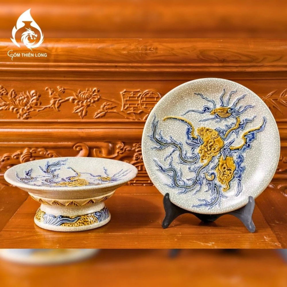 Mâm Bồng Sứ Bát Tràng Men Rạn Đắp Nổi Phượng Đào 231115