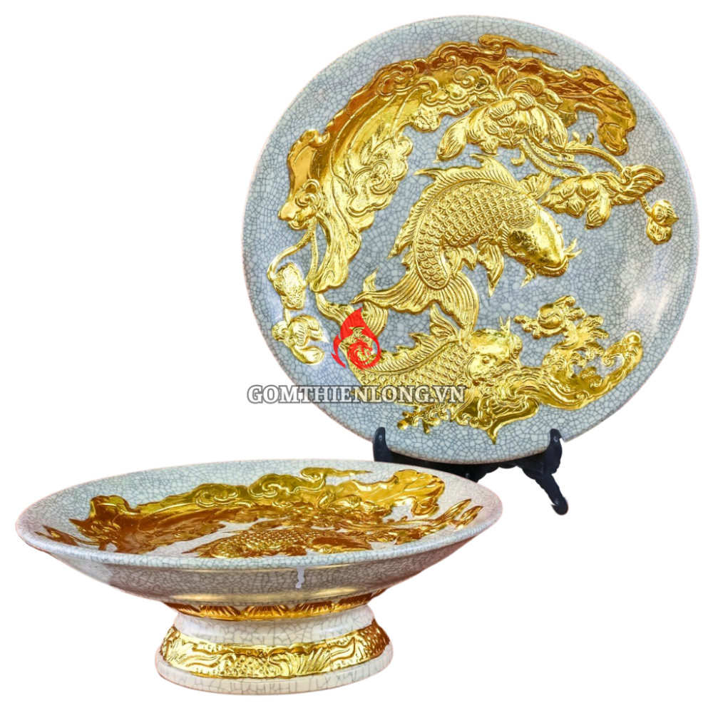 Mâm Bồng Sứ Bát Tràng Men Rạn Đắp Nổi Dát Vàng Sen Cá 231121