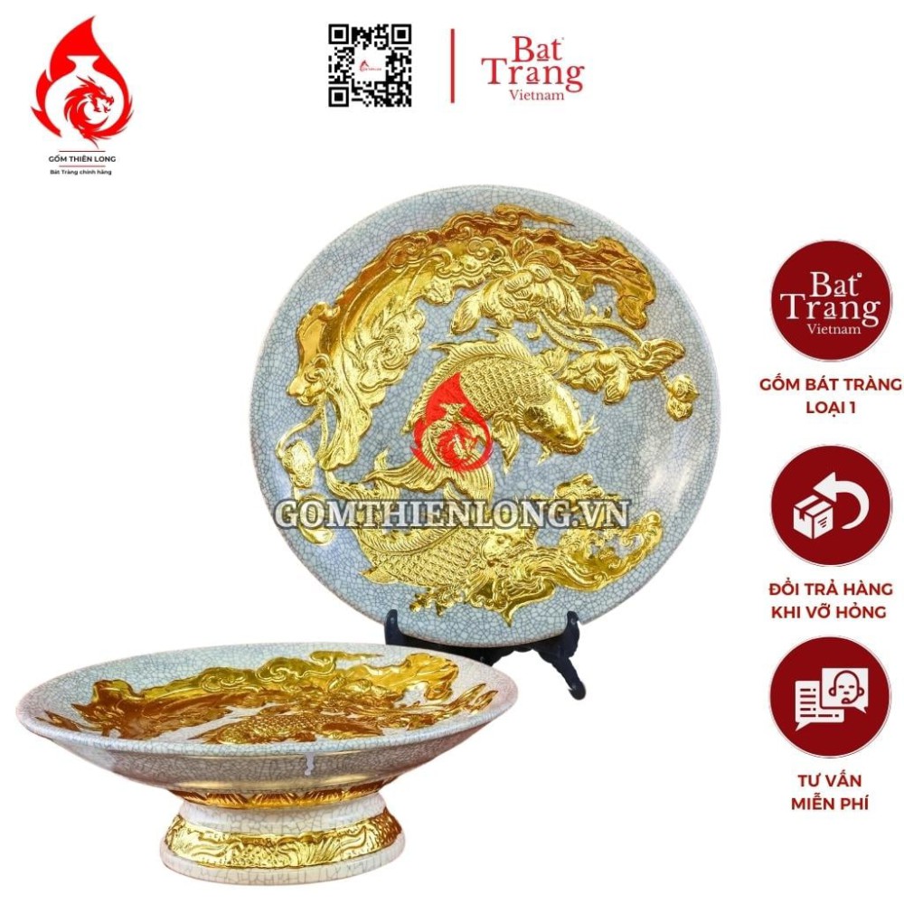 Mâm Bồng Sứ Bát Tràng Men Rạn Đắp Nổi Dát Vàng Sen Cá 231121
