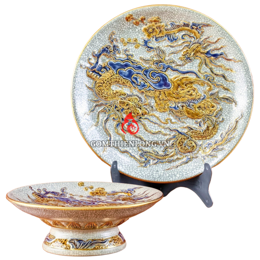 Mâm Bồng Sứ Bát Tràng Men Rạn Đắp Nổi Vẽ Vàng Rồng Phượng 231118