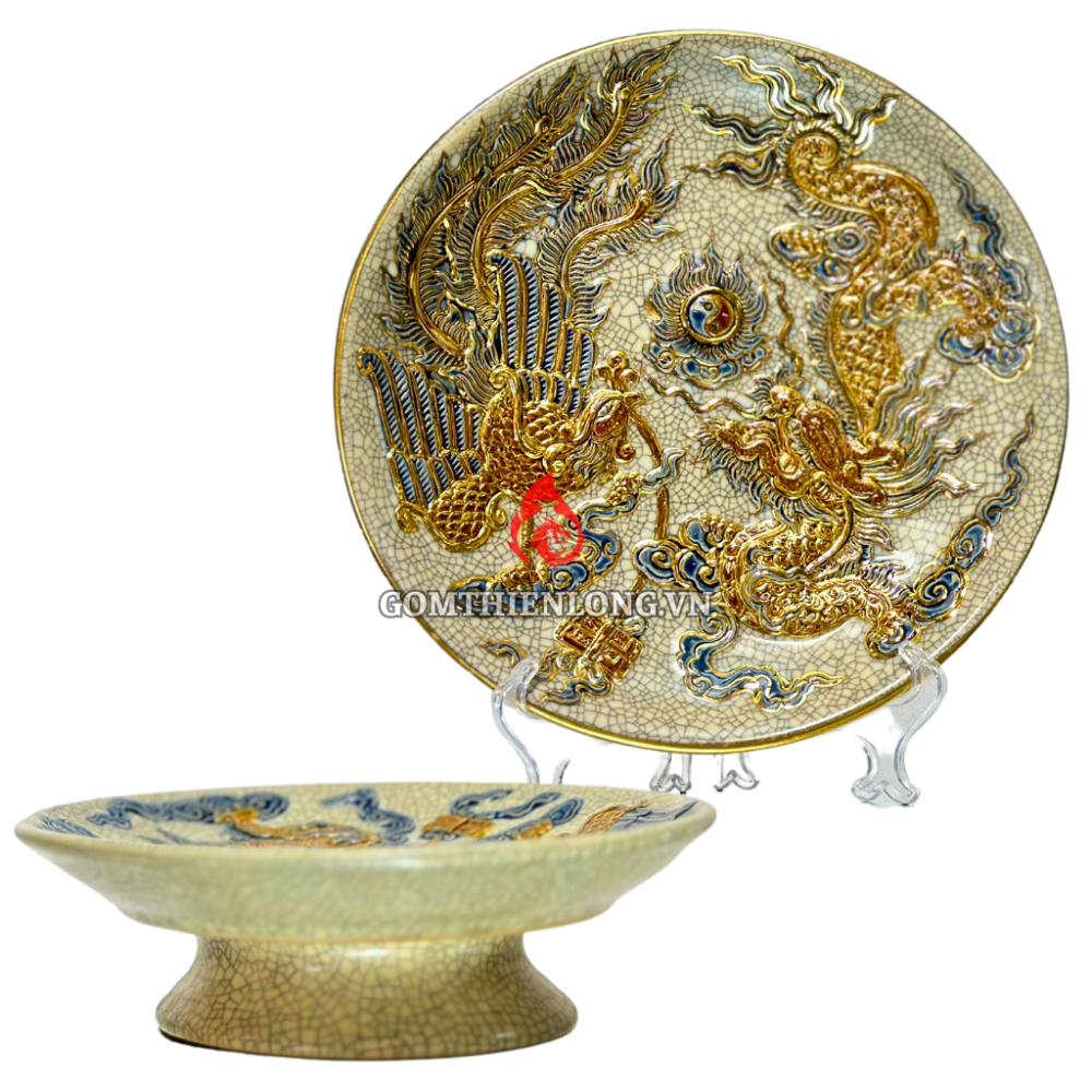 Mâm Bồng Sứ Men Rạn Đắp Nổi Vẽ Vàng Rồng Phượng 231112