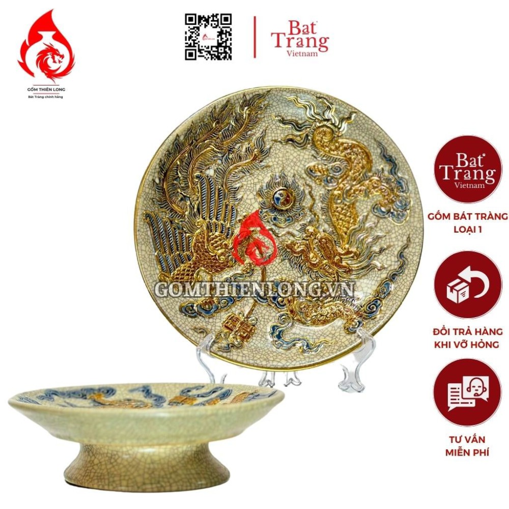 Mâm Bồng Sứ Men Rạn Đắp Nổi Vẽ Vàng Rồng Phượng 231112