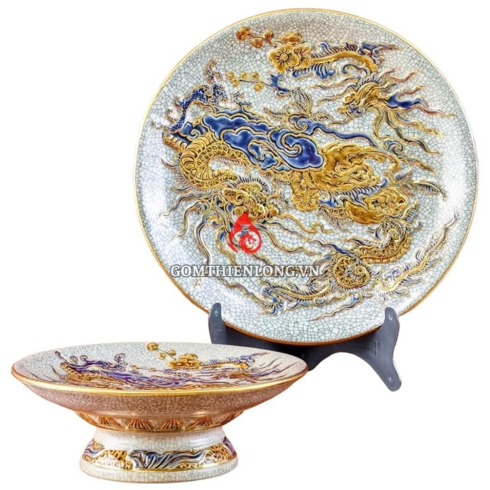 Mâm Bồng Sứ Bát Tràng Men Rạn Đắp Nổi Vẽ Vàng Rồng Phượng 231118