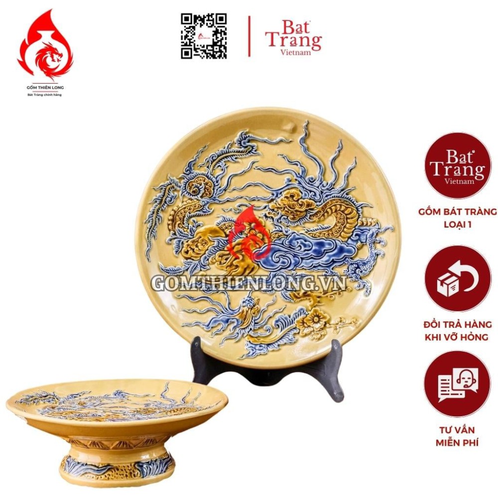 Mâm Bồng Sứ Bát Tràng Men Vàng Hoàng Tộc Đắp Nổi Rồng Phượng 231113