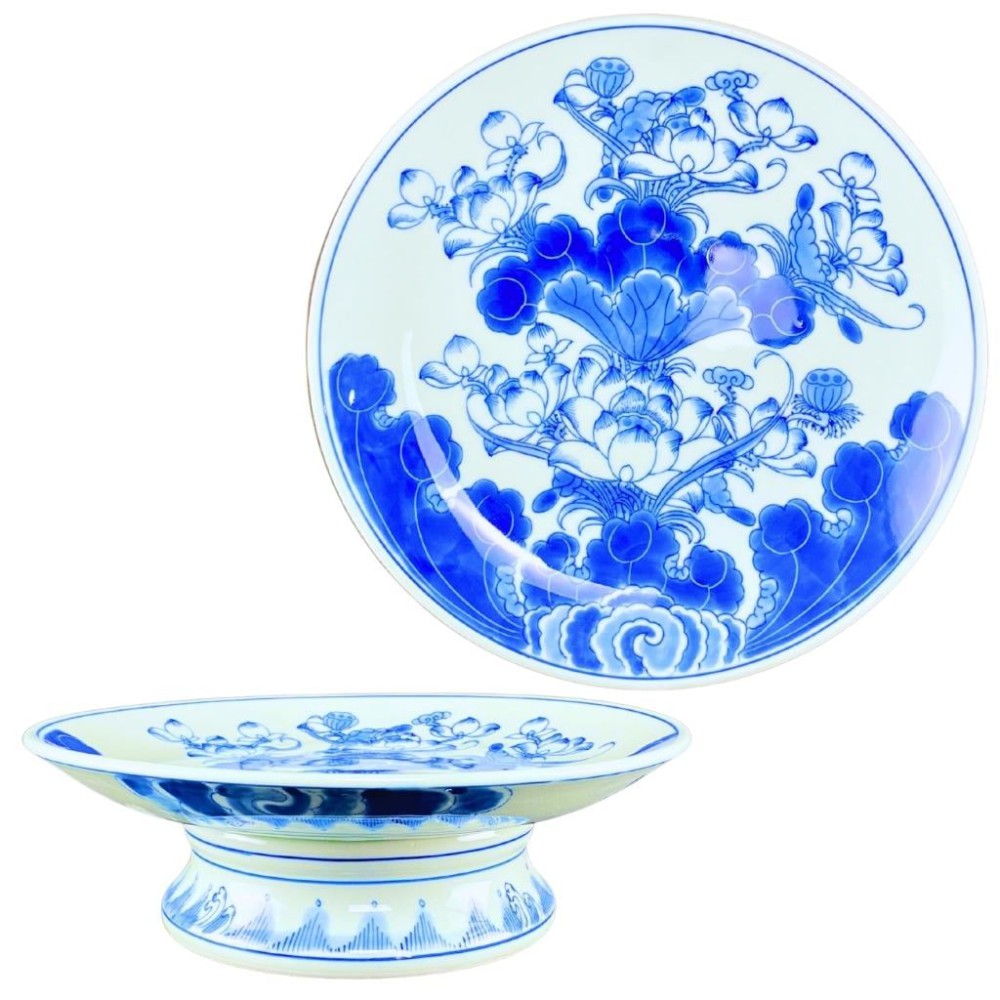 Mâm Bồng Sứ Bát Tràng Men Xanh Lam Vẽ Hoa Sen 230877