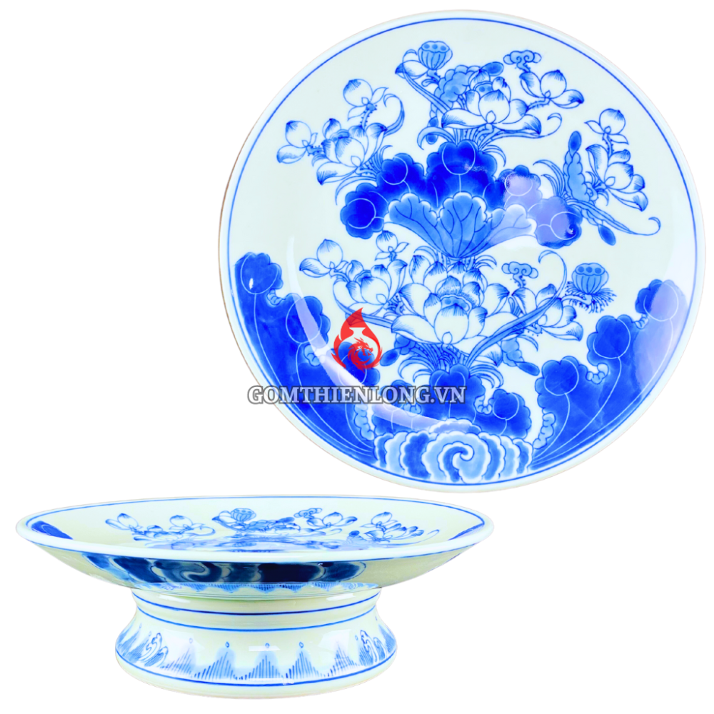 Mâm Bồng Sứ Bát Tràng Men Xanh Lam Vẽ Hoa Sen 230877