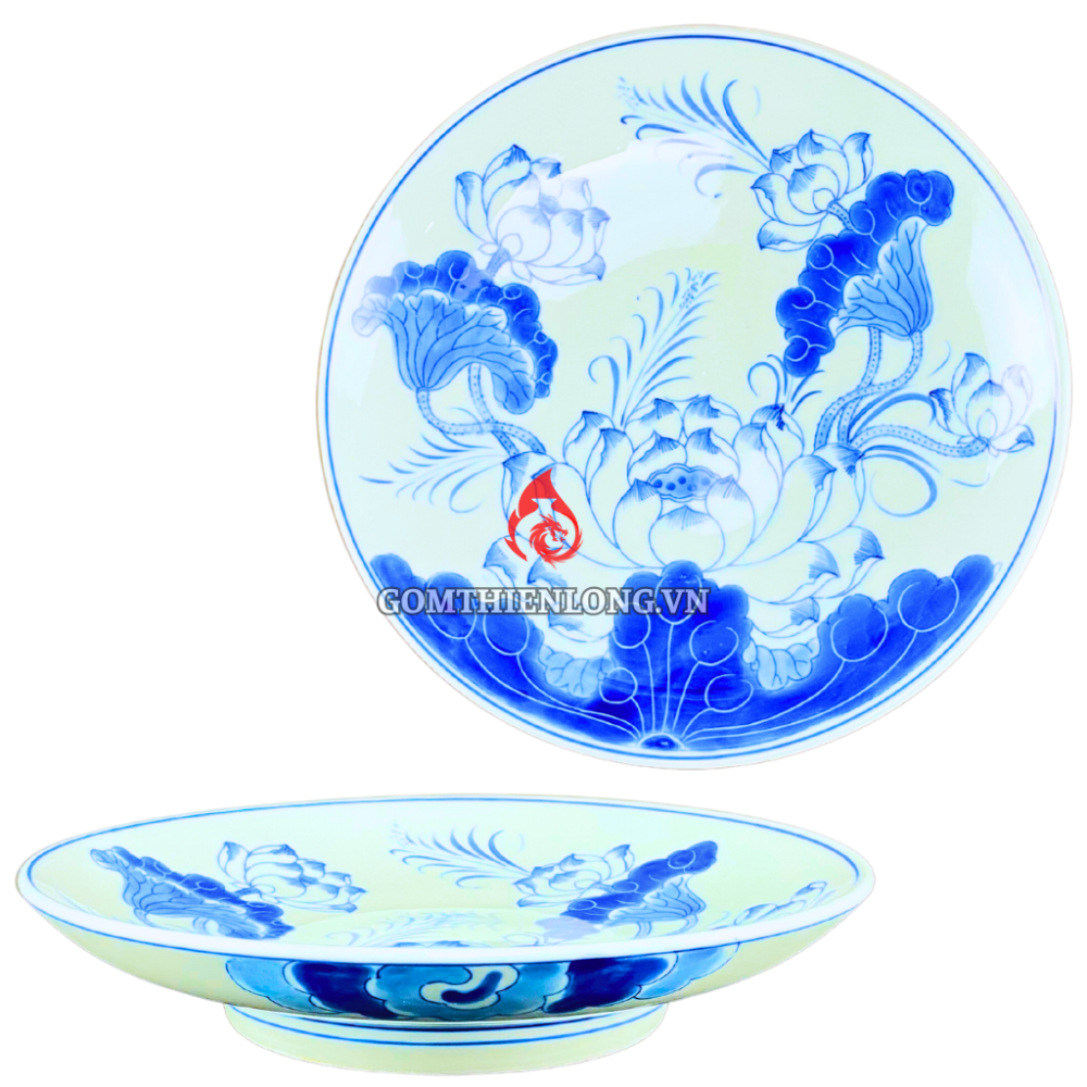 Mâm Bồng Sứ Bát Tràng Men Xanh Lam Vẽ Hoa Sen 230876