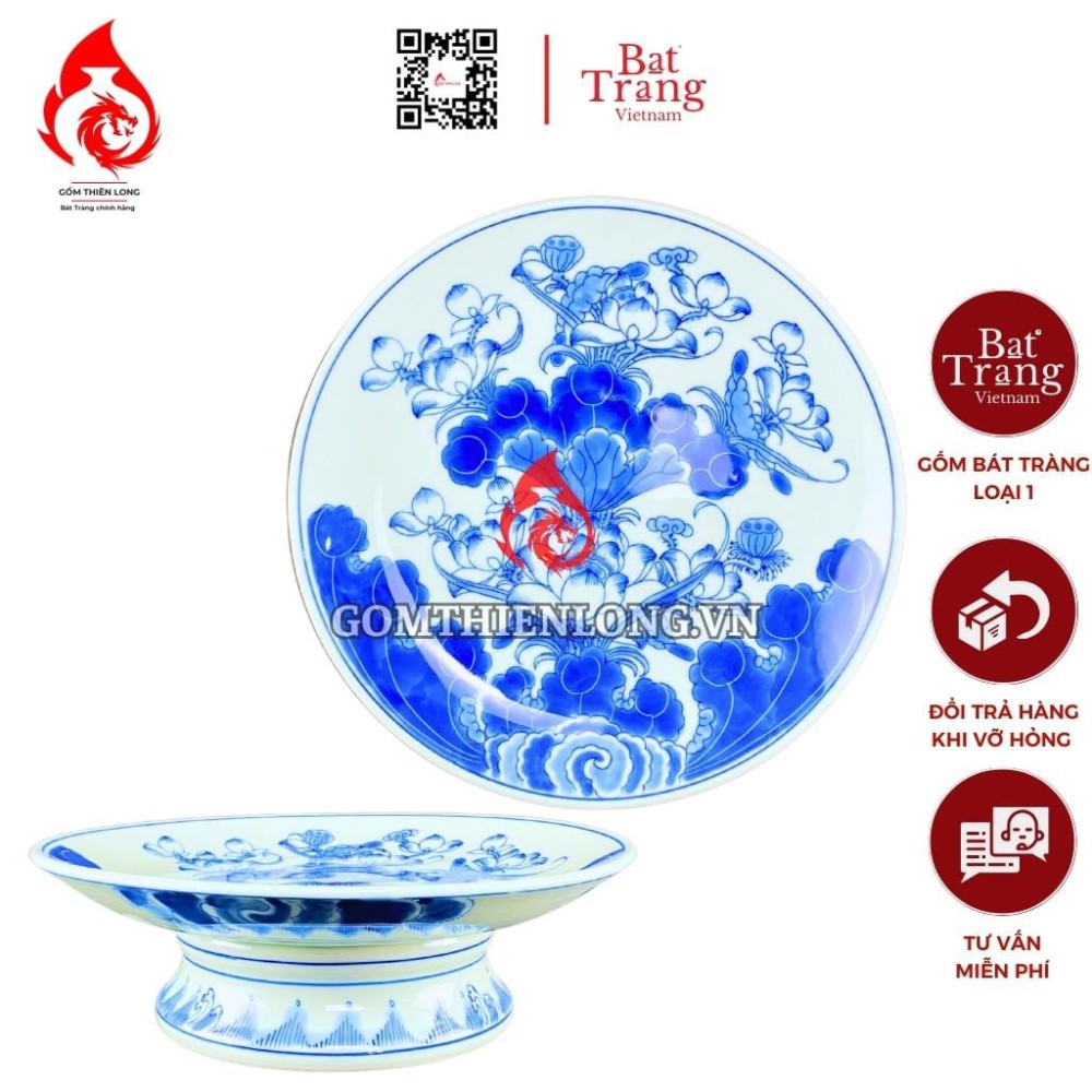 Mâm Bồng Sứ Bát Tràng Men Xanh Lam Vẽ Hoa Sen 230877