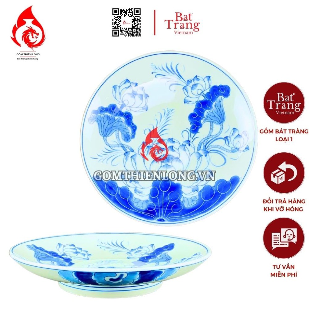 Mâm Bồng Sứ Bát Tràng Men Xanh Lam Vẽ Hoa Sen 230876