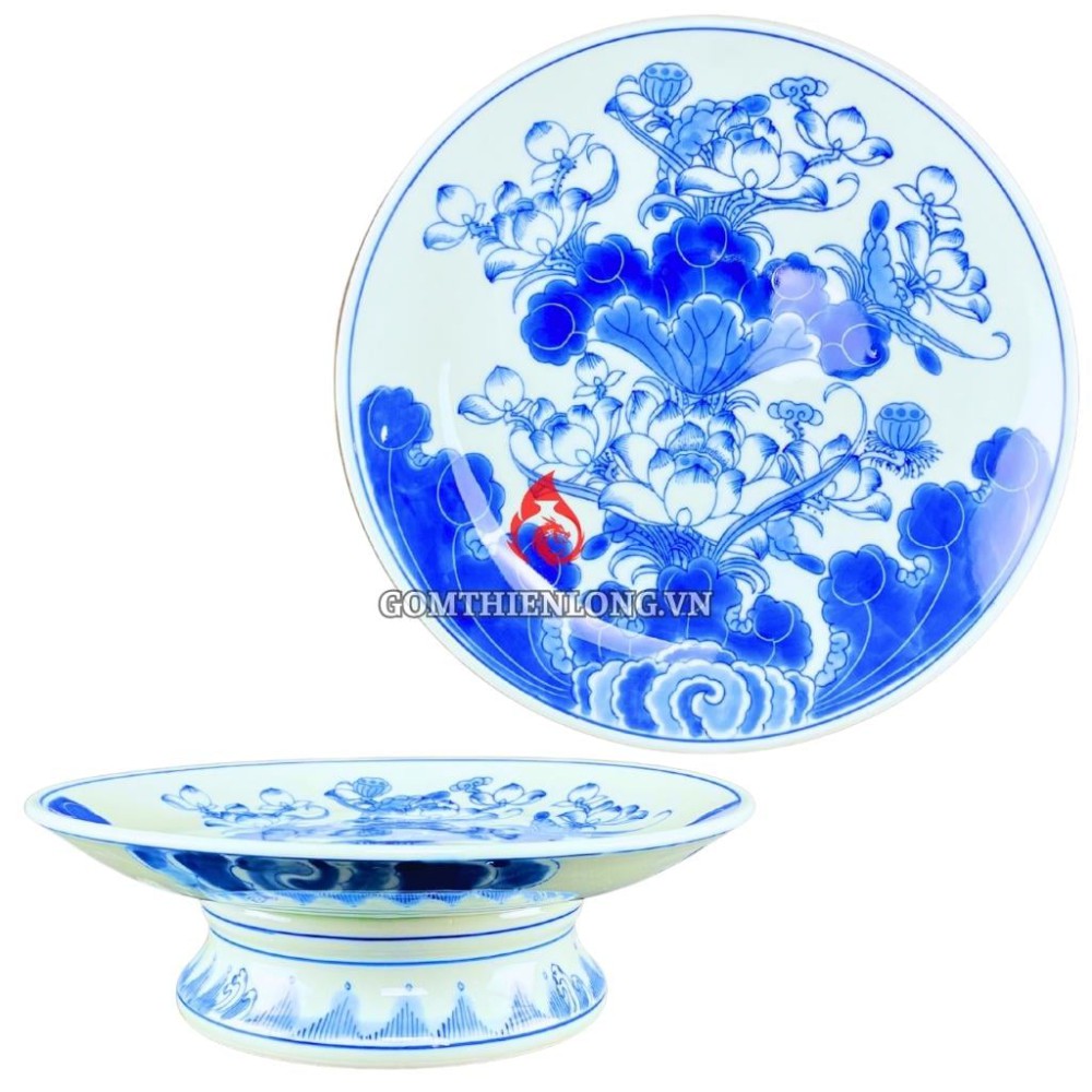 Mâm Bồng Sứ Bát Tràng Men Xanh Lam Vẽ Hoa Sen 230877