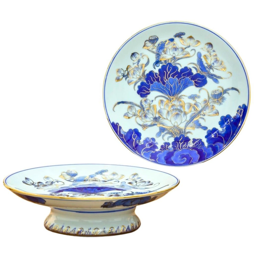 Mâm Bồng Sứ Bát Tràng Men Lam Vẽ Vàng Hoa Sen 231109