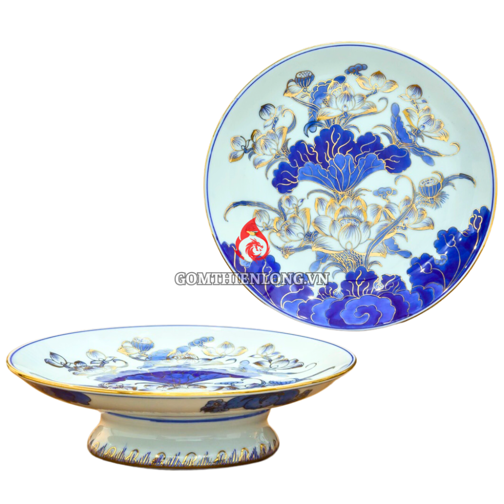 Mâm Bồng Sứ Bát Tràng Men Lam Vẽ Vàng Hoa Sen 231109