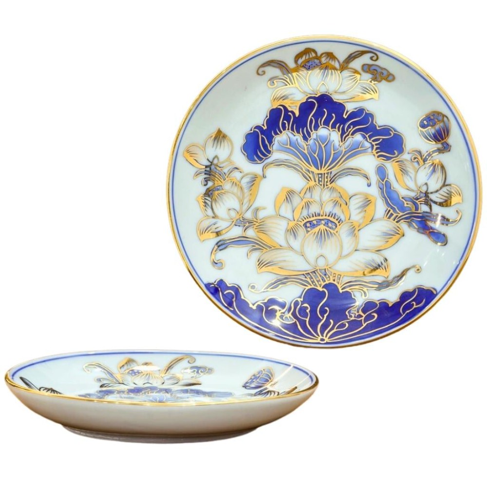 Mâm Bồng Sứ Bát Tràng Men Lam Vẽ Vàng Hoa Sen 231110