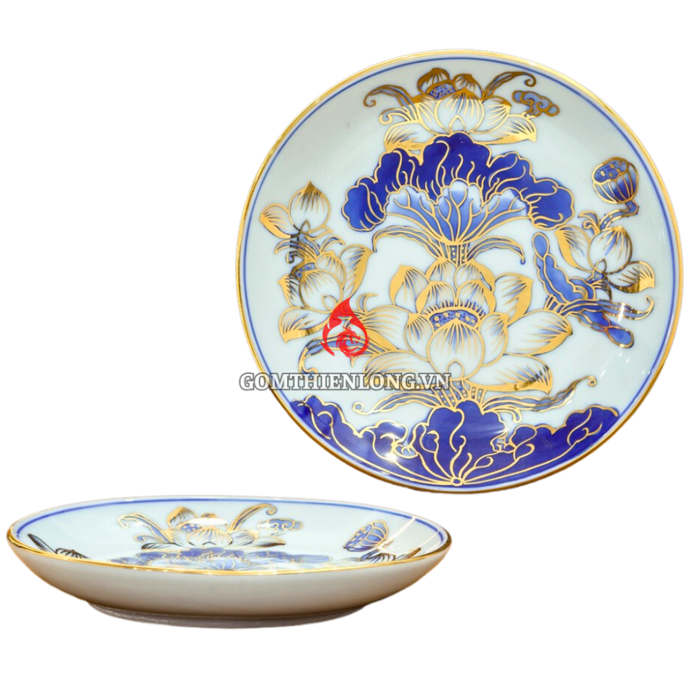 Mâm Bồng Sứ Bát Tràng Men Lam Vẽ Vàng Hoa Sen 231110