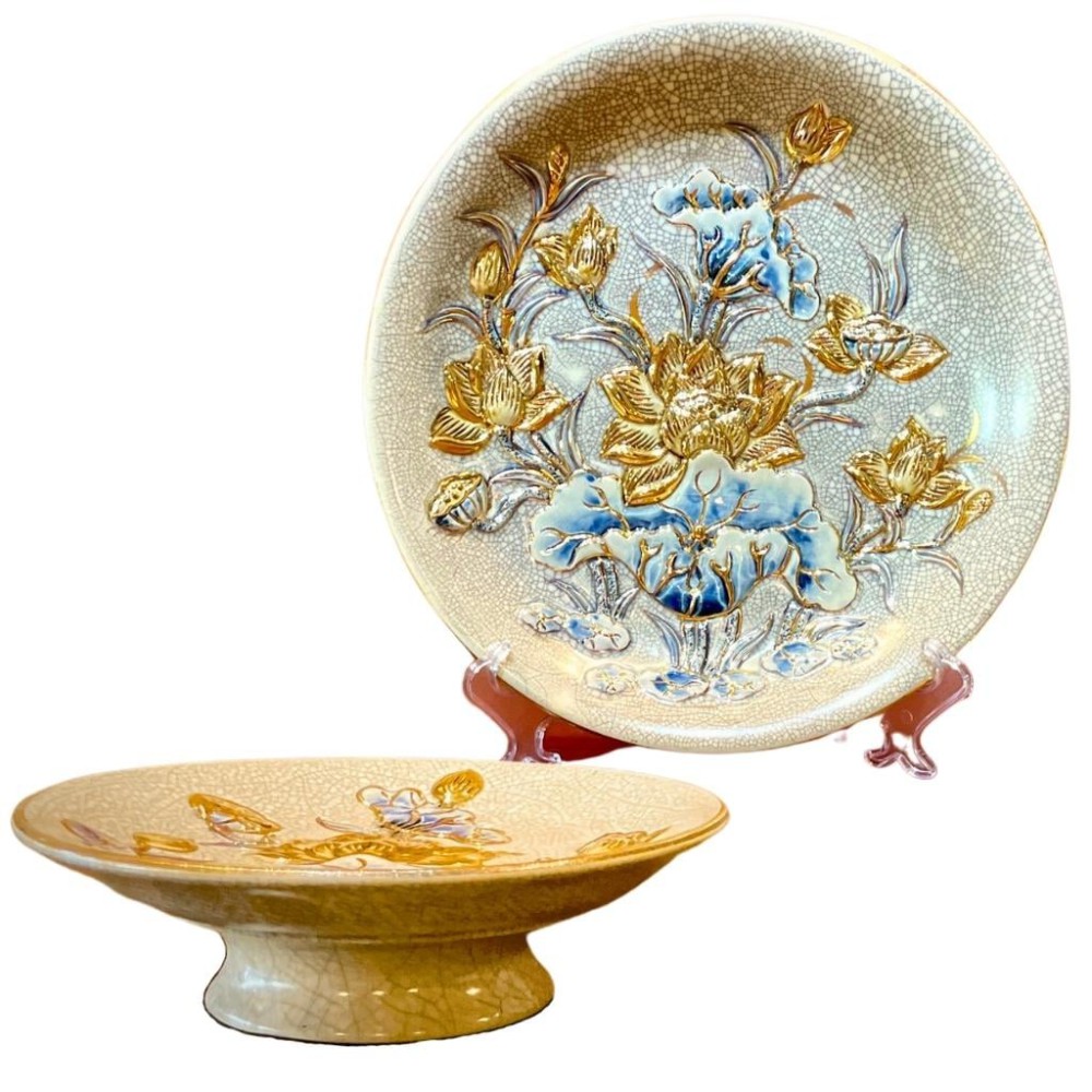 Mâm Bồng Sứ Men Rạn Đắp Nổi Vẽ Vàng Hoa Sen 231111