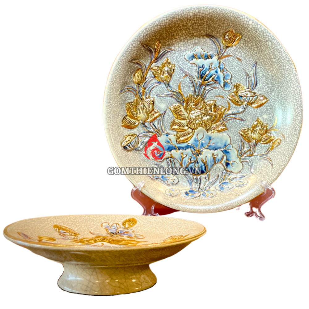 Mâm Bồng Sứ Men Rạn Đắp Nổi Vẽ Vàng Hoa Sen 231111