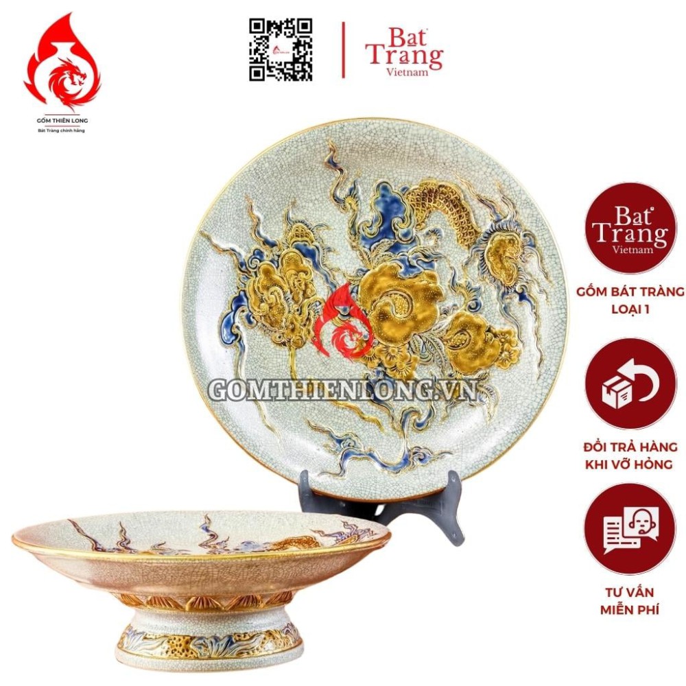 Mâm Bồng Sứ Bát Tràng Men Rạn Đắp Nổi Vẽ Vàng Long Ẩn 231119