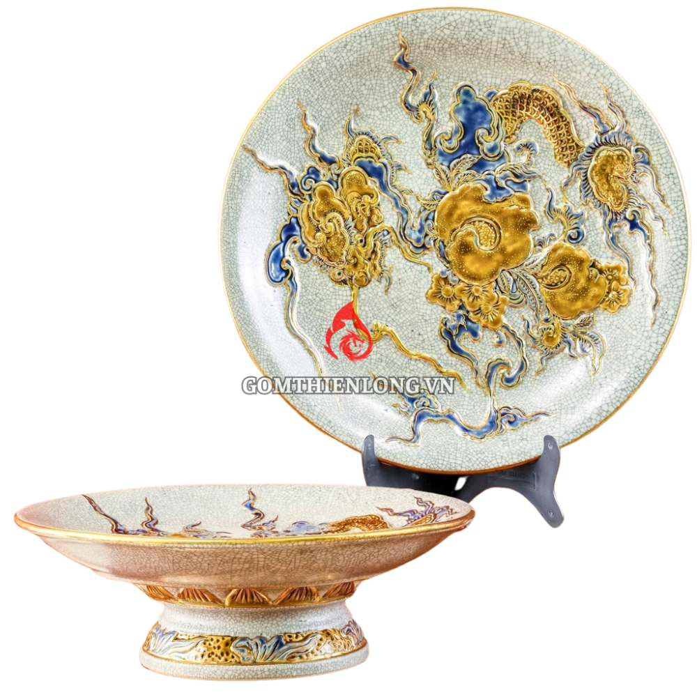 Mâm Bồng Sứ Bát Tràng Men Rạn Đắp Nổi Vẽ Vàng Long Ẩn 231119