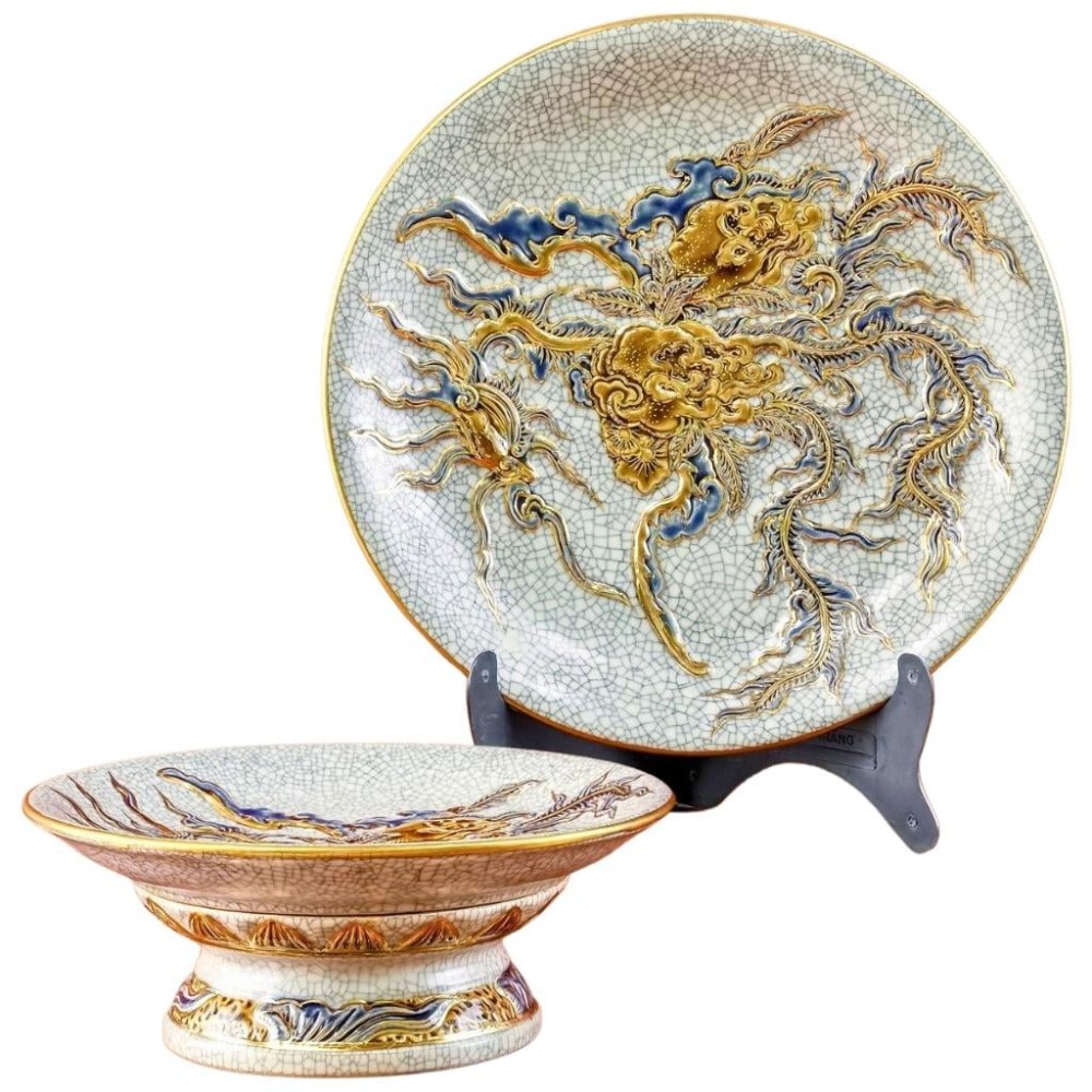 Mâm Bồng Sứ Bát Tràng Men Rạn Đắp Nổi Vẽ Vàng Phượng Đào 231120