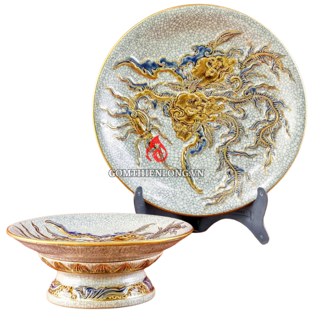 Mâm Bồng Sứ Bát Tràng Men Rạn Đắp Nổi Vẽ Vàng Phượng Đào 231120