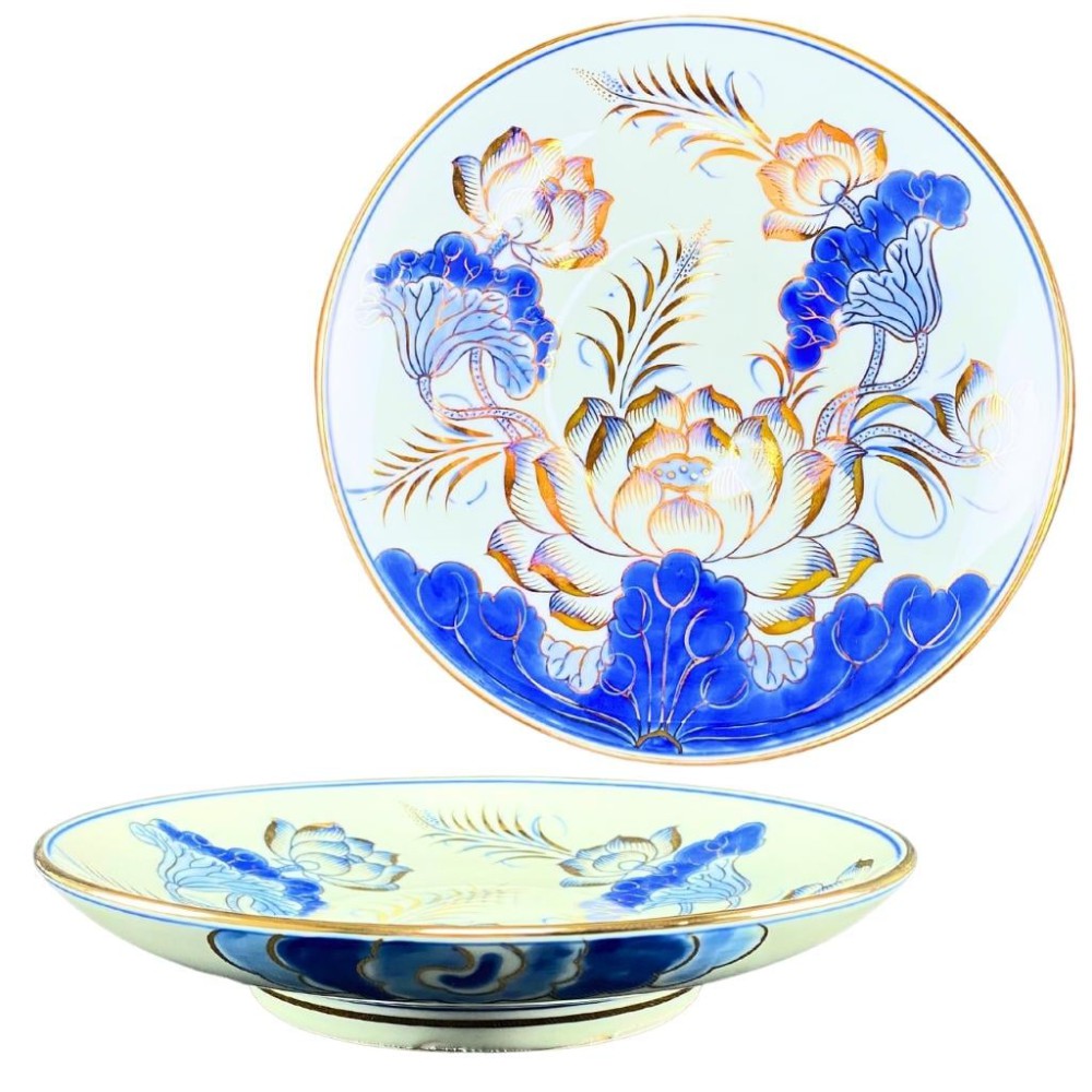 Mâm Bồng Sứ Bát Tràng Men Xanh Lam Vẽ Vàng Hoa Sen 230878