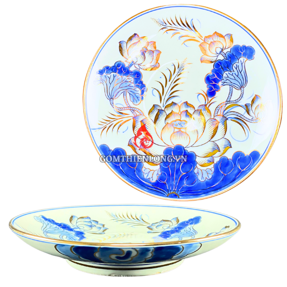 Mâm Bồng Sứ Bát Tràng Men Xanh Lam Vẽ Vàng Hoa Sen 230878