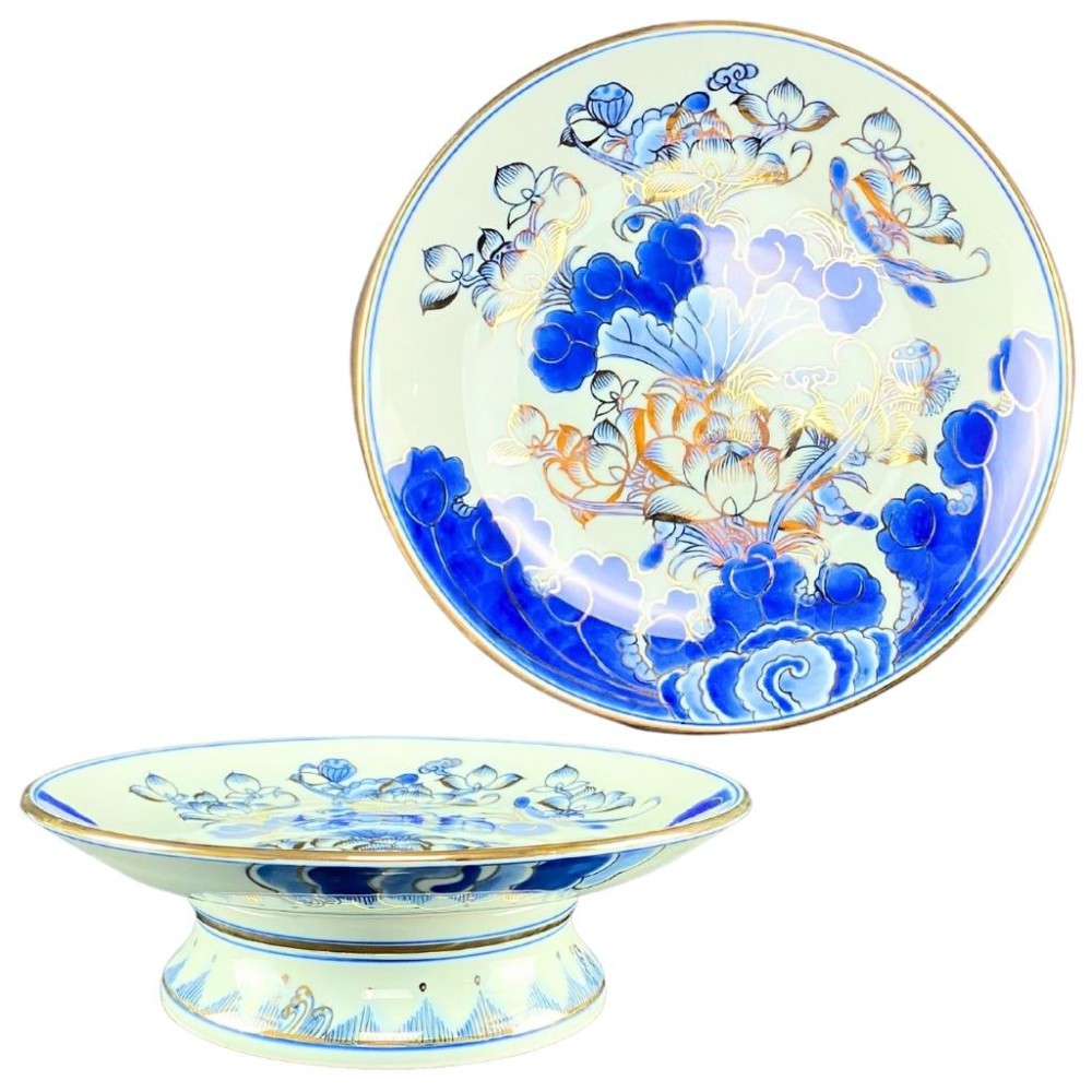 Mâm Bồng Sứ Bát Tràng Men Xanh Lam Vẽ Vàng Hoa Sen 230879