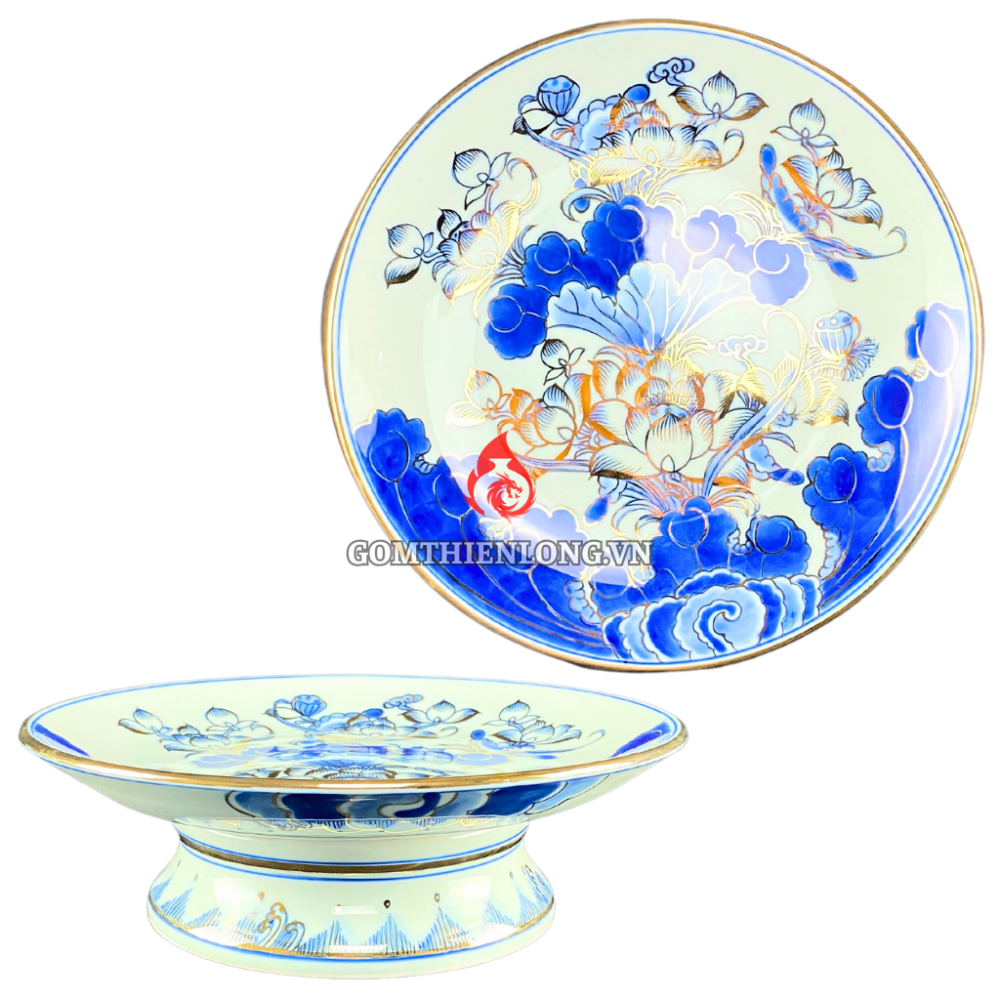 Mâm Bồng Sứ Bát Tràng Men Xanh Lam Vẽ Vàng Hoa Sen 230879
