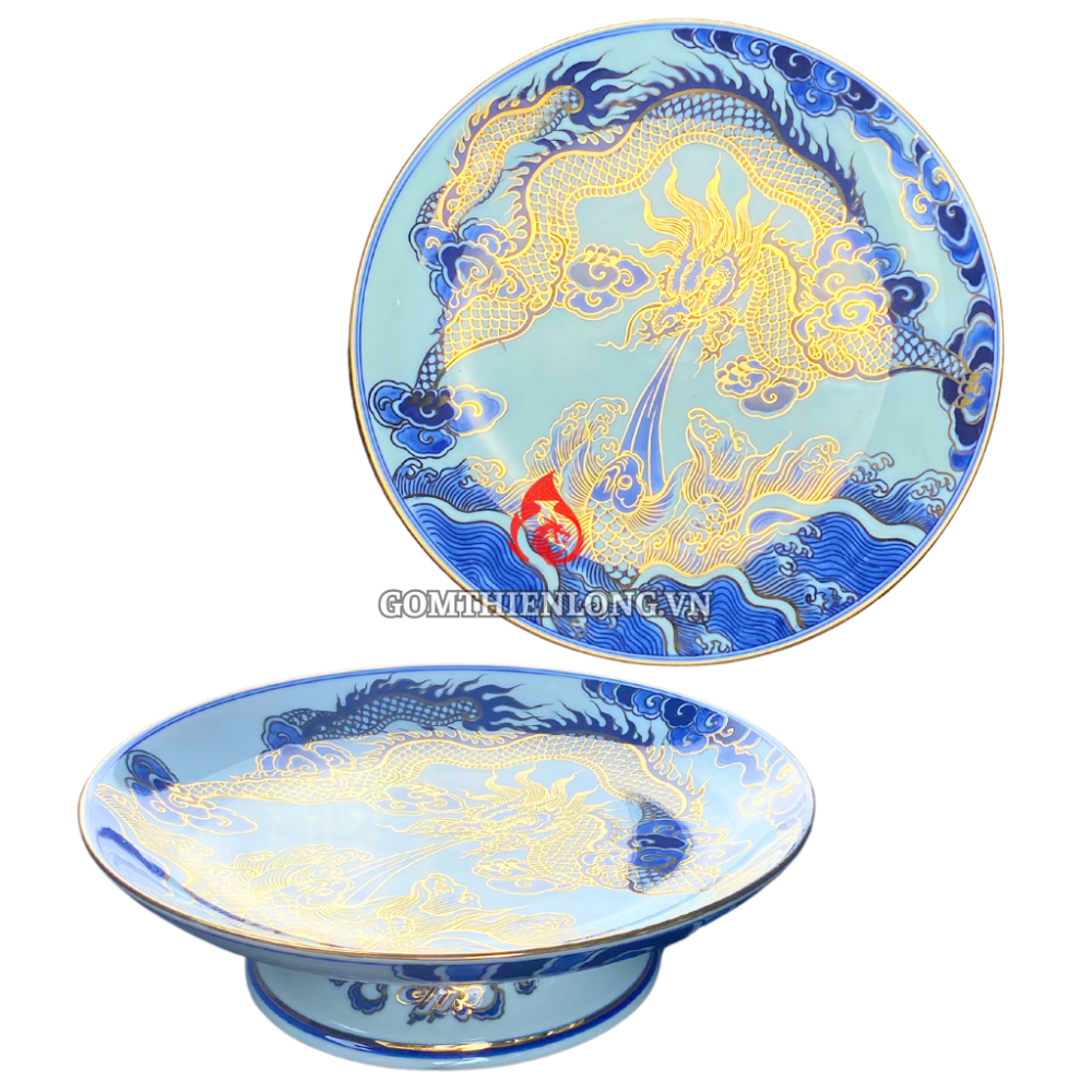 Mâm Bồng Sứ Bát Tràng Men Lam Vẽ Vàng Long Cuốn Thủy 230881
