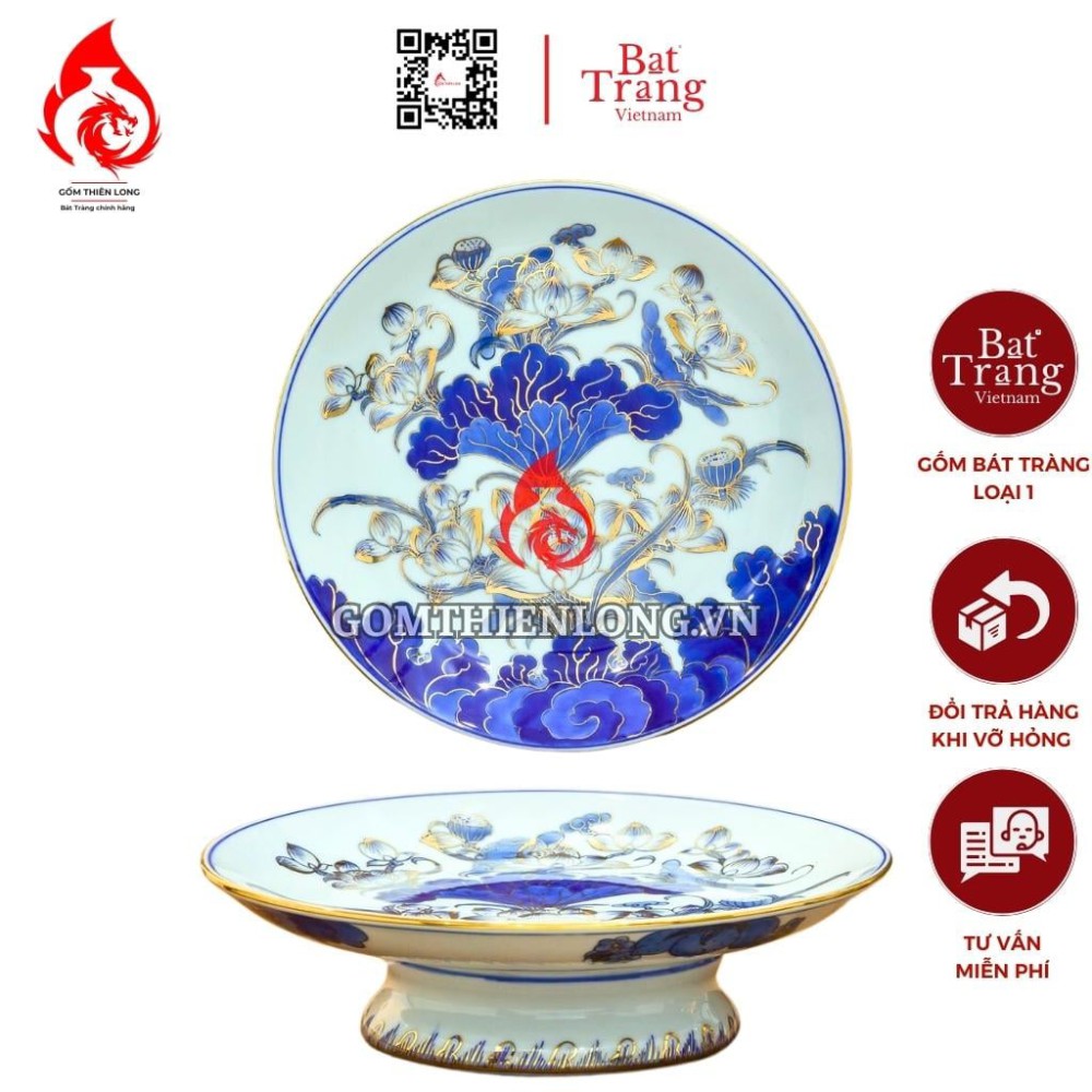 Mâm Bồng Sứ Bát Tràng Men Lam Vẽ Vàng Hoa Sen 231109