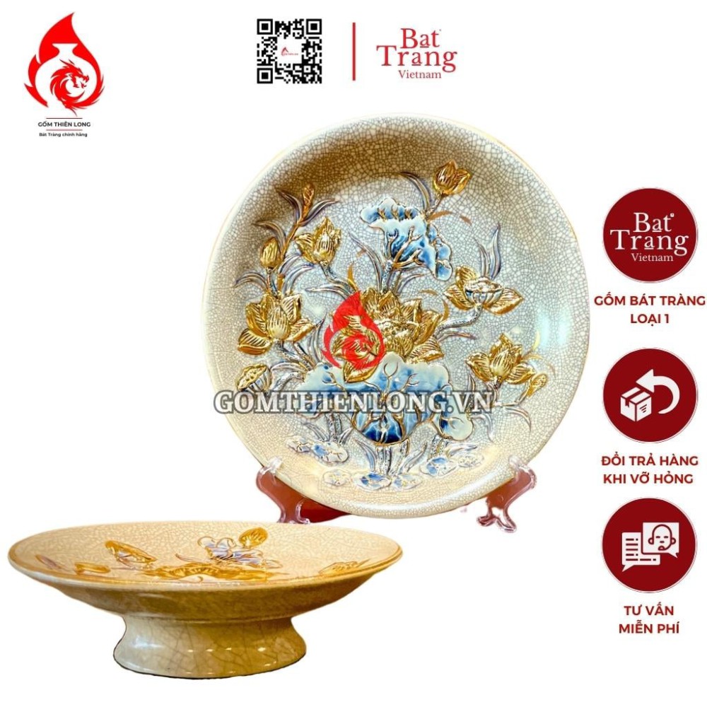 Mâm Bồng Sứ Men Rạn Đắp Nổi Vẽ Vàng Hoa Sen 231111