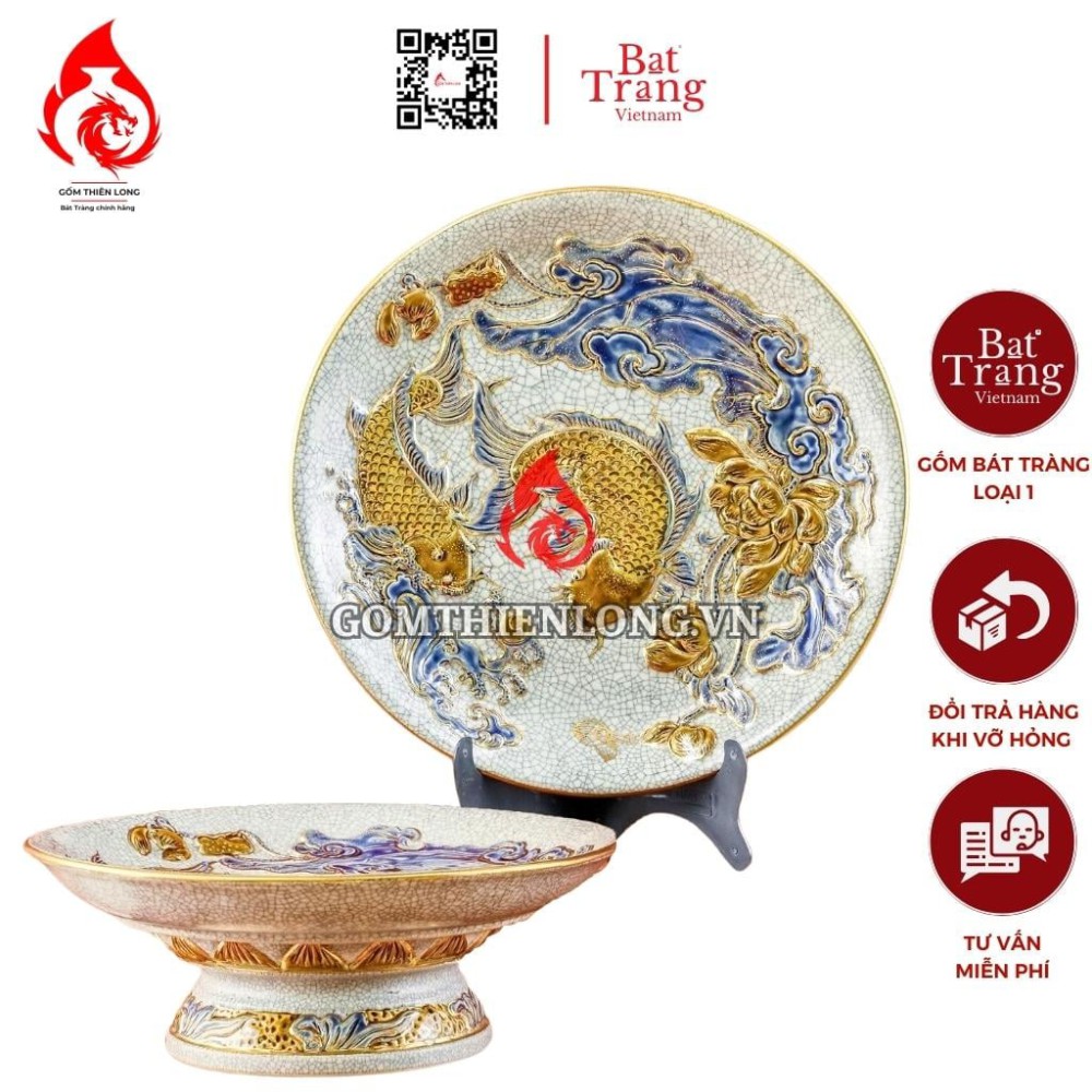 Mâm Bồng Sứ Bát Tràng Men Rạn Đắp Nổi Vẽ Vàng Sen Cá 231117