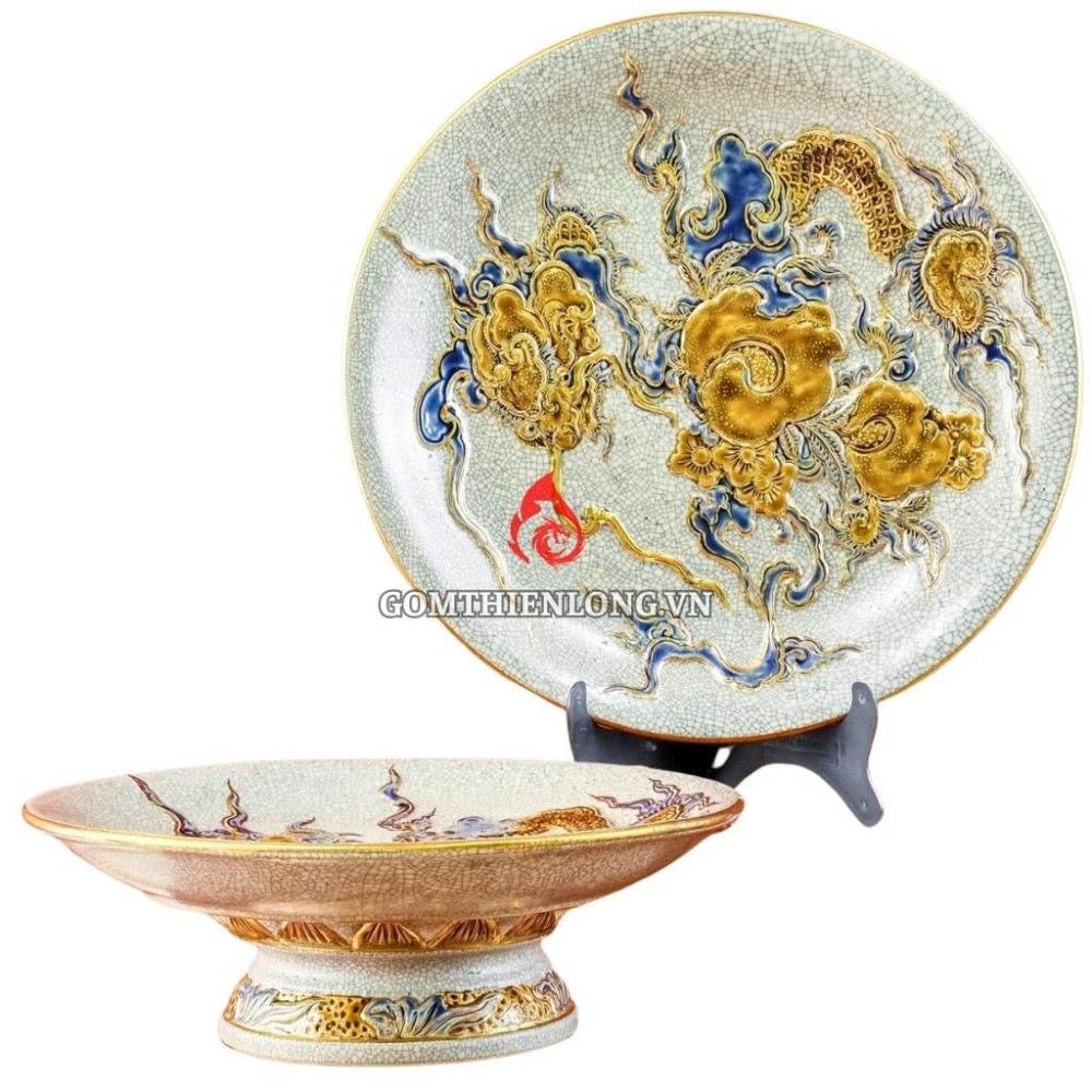 Mâm Bồng Sứ Bát Tràng Men Rạn Đắp Nổi Vẽ Vàng Long Ẩn 231119