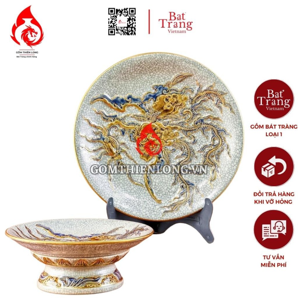 Mâm Bồng Sứ Bát Tràng Men Rạn Đắp Nổi Vẽ Vàng Phượng Đào 231120